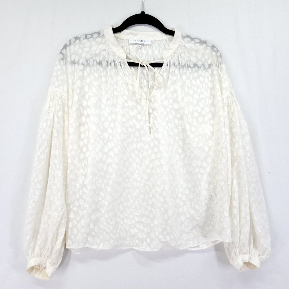 Frame Silk Smocked Peasant Top Women Small Balloon Sleeve Sheer Flaw*